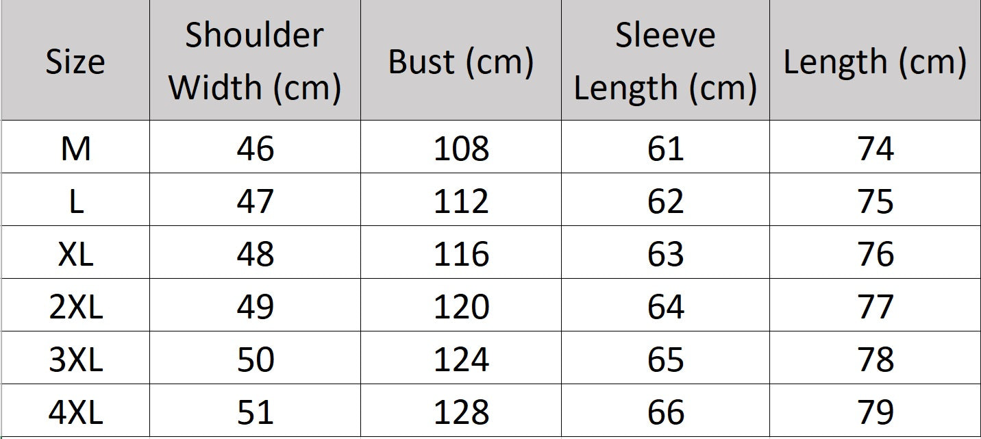 Men’s size chart for a minimalist motif wool-cashmere coat, with leather collar, horn buttons, and four symmetrically placed pockets — from Borcelleclothes.