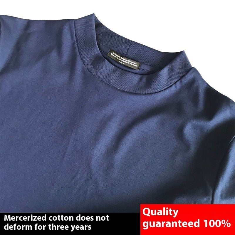 Men's Mock-Neck Mercerized Cotton T-Shirt in Dusk with short sleeves, featuring double-needle elastic stitching for a sleek, firm finish Men's Mock-Neck Mercerized Cotton T-Shirt in Muted Pink with short sleeves, featuring double-needle elastic stitching for a sleek, firm finish from Borcelleclothes.