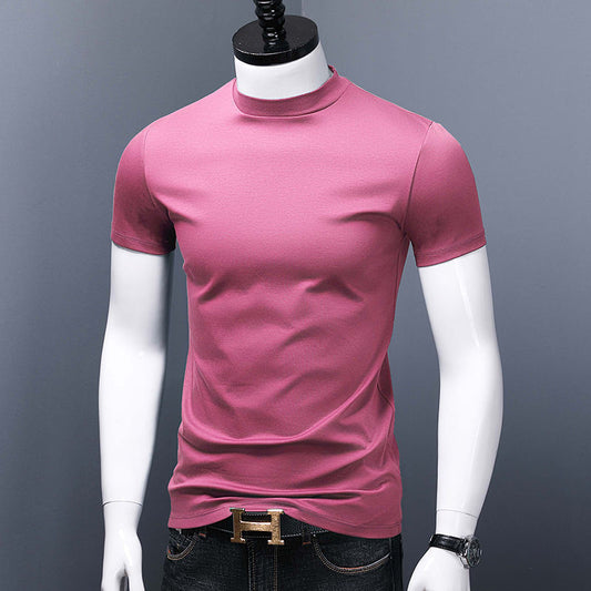 Men's Mock-Neck Mercerized Cotton T-Shirt in Muted Pink with short sleeves, featuring double-needle elastic stitching for a sleek, firm finish from Borcelleclothes.