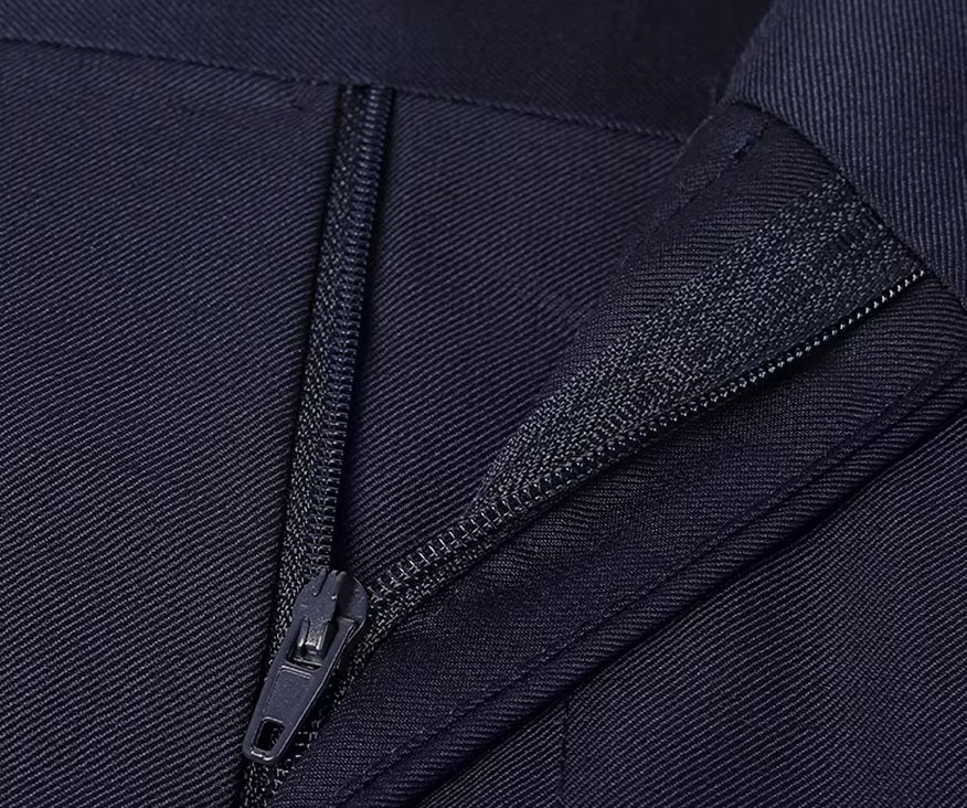 The fly zipper on the pants of the Borcelleclothes Men's Modern Gentleman’s Ebony Clay Suit, highlighting the craftsmanship and functionality.