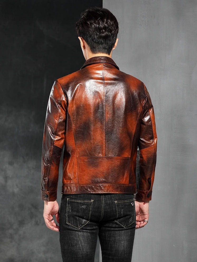 Mottled Cowhide Leather Jacket — back angle on model; clean paneling and hem band. From Borcelleclothes.