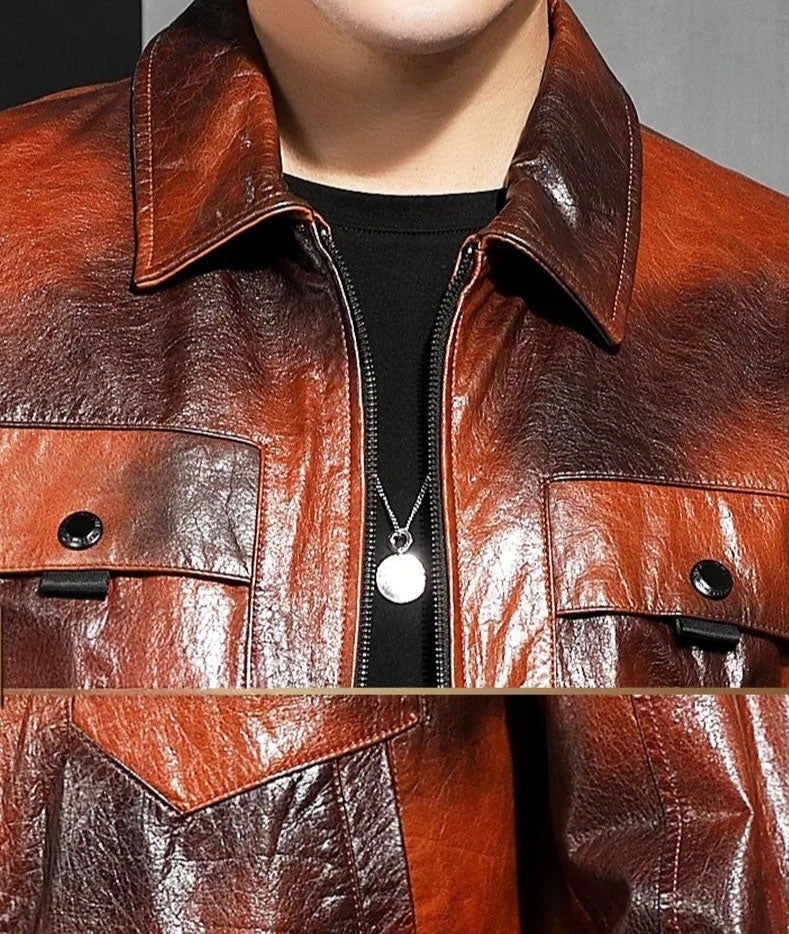Mottled Cowhide Leather Jacket — chest pocket and collar with pockets collage; snapped flap with decorative loop, pointed collar. From Borcelleclothes.