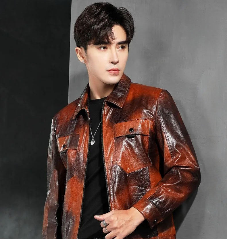 Mottled Cowhide Leather Jacket — upper section on model; pointed collar with chest flap pocket. From Borcelleclothes.