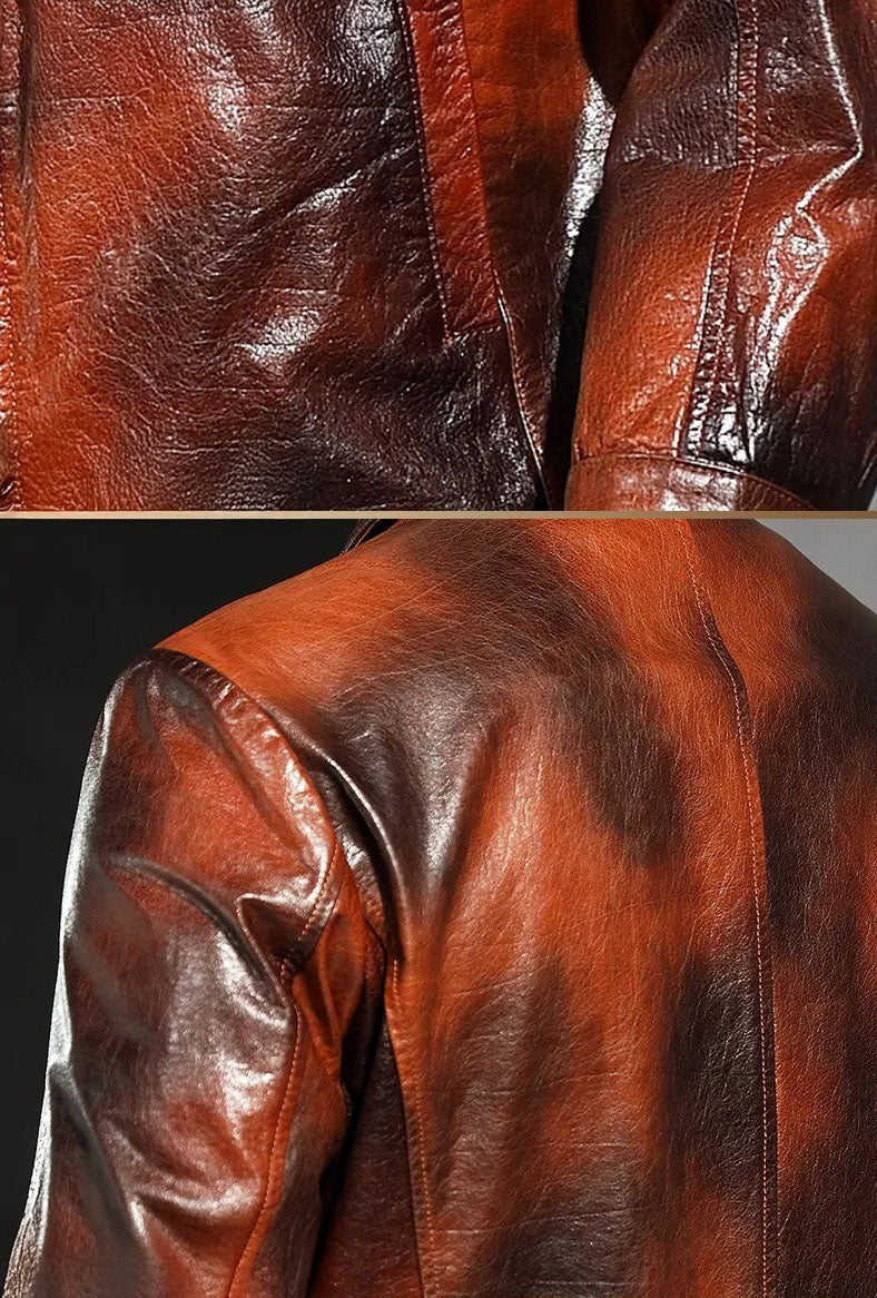 Mottled Cowhide Leather Jacket — single-welt pocket and upper back collage; waist pocket detail, clean back line. From Borcelleclothes.