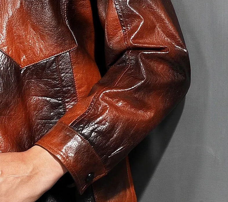 Mottled Cowhide Leather Jacket — sleeve with snap cuff; smooth line and mottled grain. From Borcelleclothes.