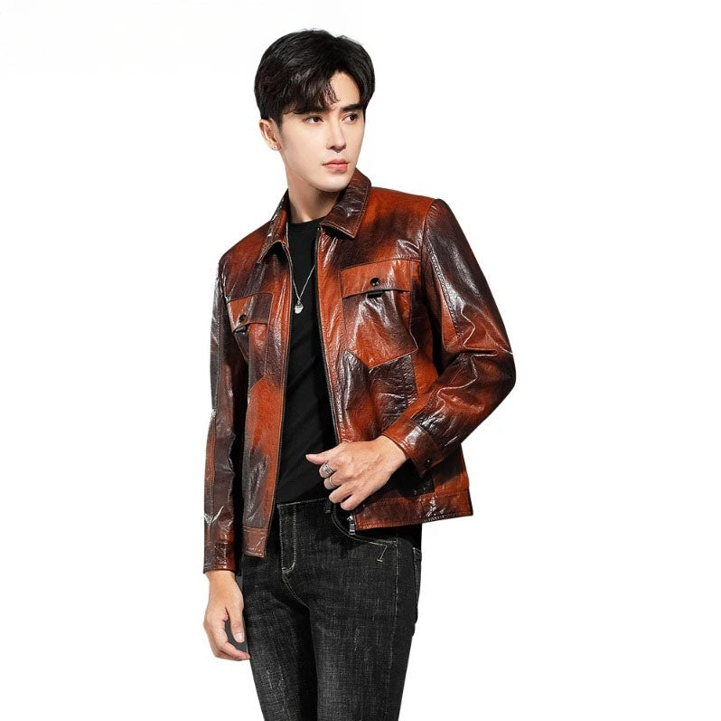Mottled Cowhide Leather Jacket — unzipped, model holding the front side; chest flap pockets and hem band. From Borcelleclothes.