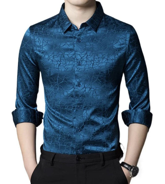 The front of the Men's Mulberry Silk Shirt in Chathams Blue, featuring an earth-inspired pattern with a dynamic interplay of matte and shiny finishes, crafted from 92.4% Mulberry silk and 7.6% spandex, ideal for formal and semi-formal occasions. From Borcelleclothes.