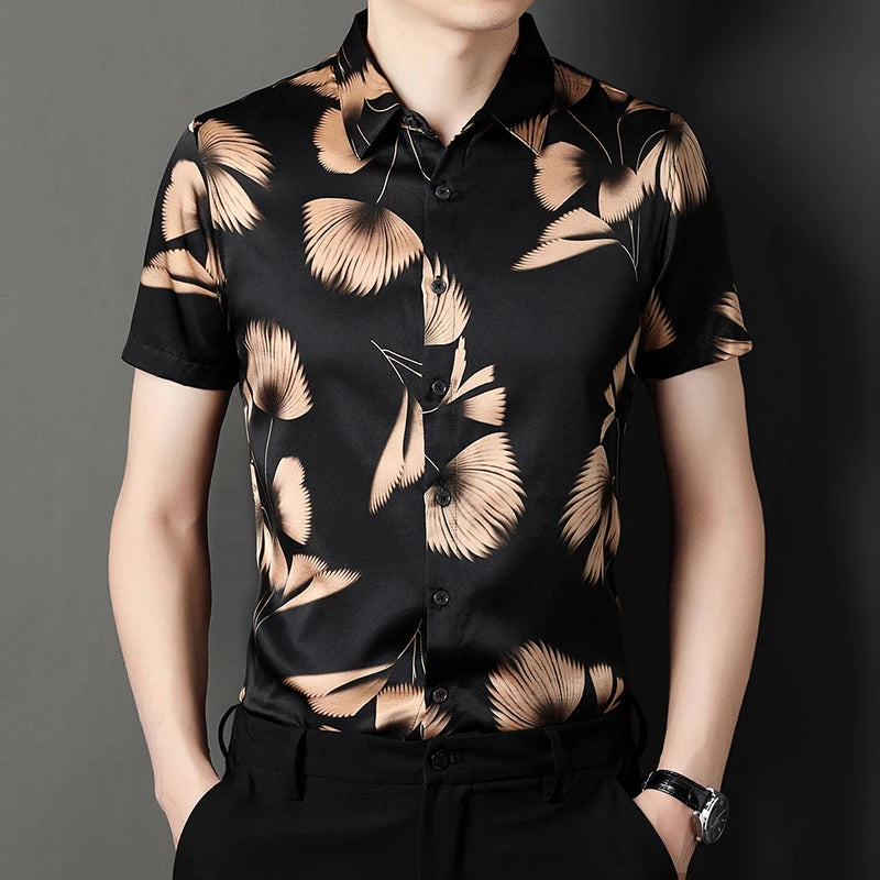 Men's Nature-Inspired Mulberry Silk Shirt with an elegant feather-like leaves design in soft tan on a rich onyx background, highlighting intricate details and a serene, organic composition that evokes tranquility and artistic freedom. From Borcelleclothes.