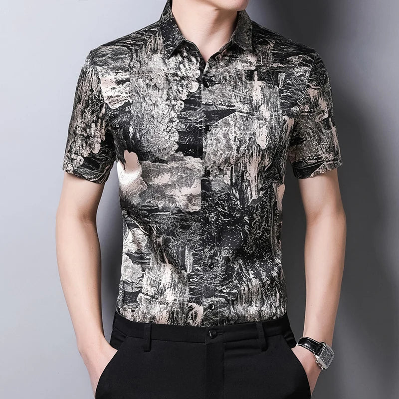 Men's Nature-Inspired Mulberry Silk Shirt featuring an abstract design that reflects the beauty of nature, with monochromatic black, grey, and soft off-white tones, inviting unique interpretations of natural elements like waterfalls and trees, evoking depth and artistic freedom. From Borcelleclothes.