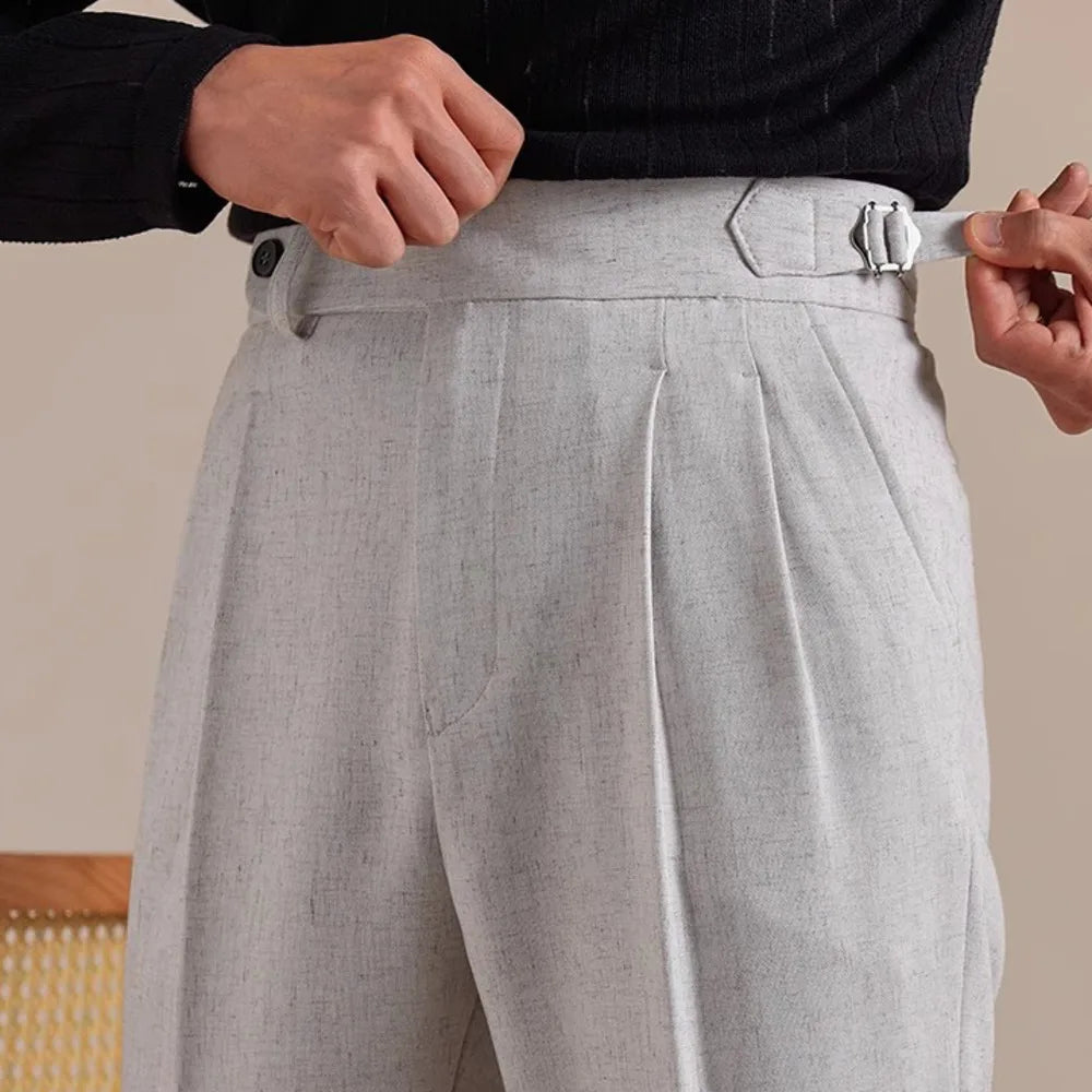 Men’s cropped trousers in Nobel — featuring side adjusters, clean front, and cuffed hem. A structured silhouette without the need for a belt. From Borcelleclothes.
