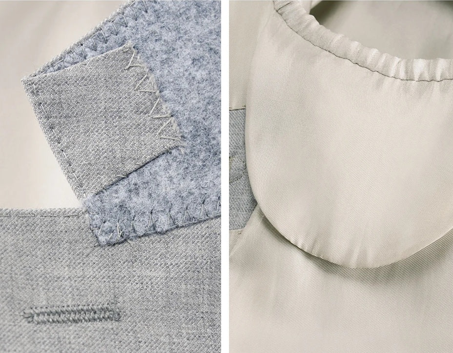 Collage with details of the felt undercollar, blazer lining, and interior pocket of the Nobel wool suit. From Borcelleclothes.