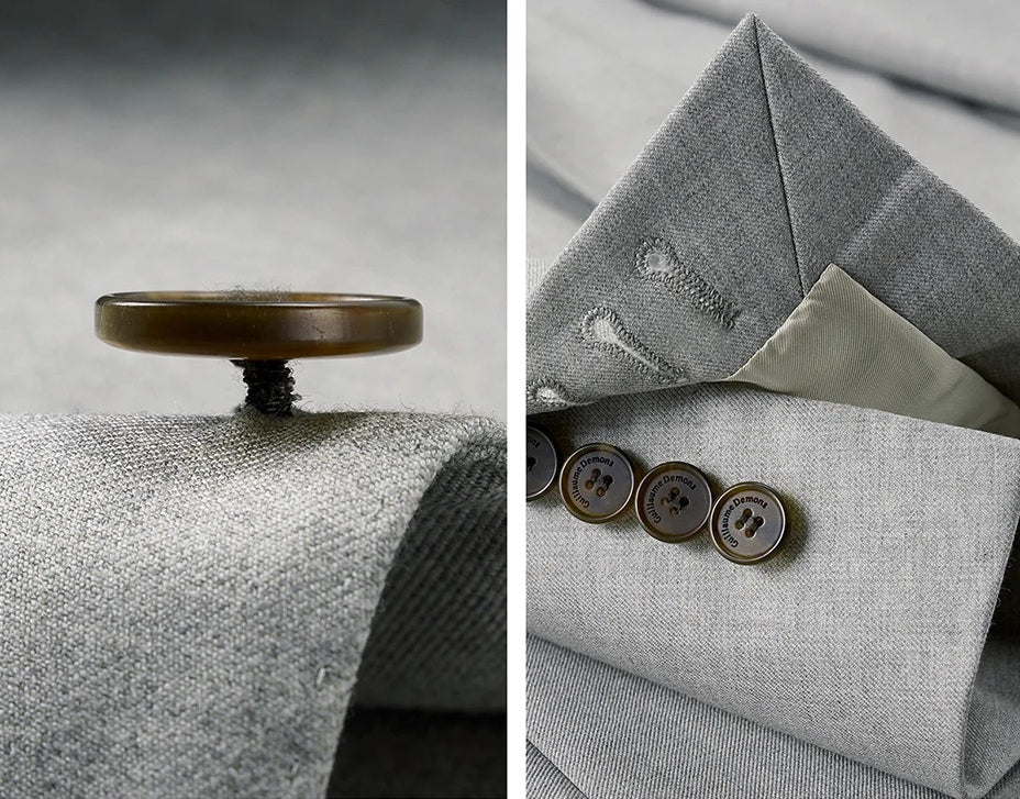 Detail collage of the blazer’s thread shank button and unfastened sleeve placket with horn buttons. From Borcelleclothes.