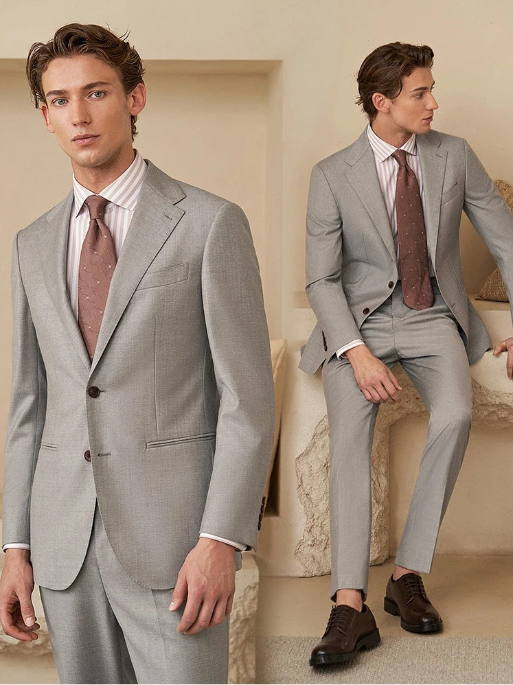 Split composition of the model standing and seated in the Nobel wool suit, showing its adaptability and fluid elegance. From Borcelleclothes.