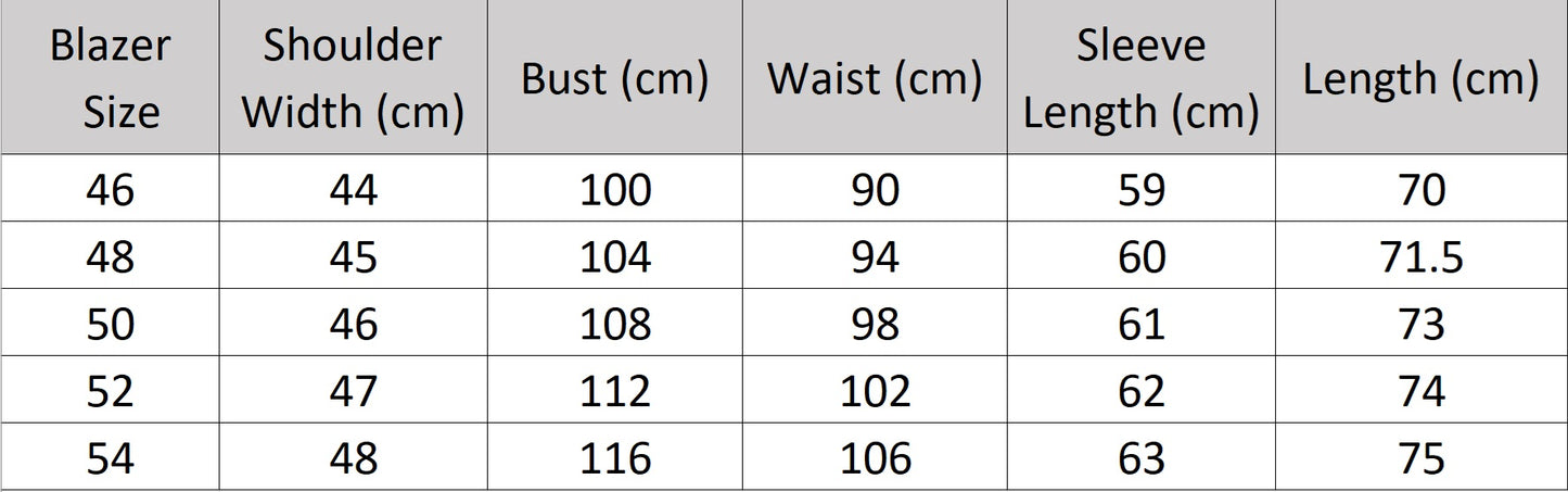 Men’s size chart for a blazer of the Nobel wool suit in light grey — single-breasted blazer with notch lapels and horn buttons, paired with slim trousers. From Borcelleclothes.