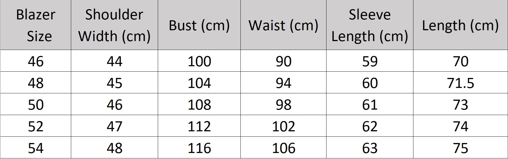 Men’s size chart for a blazer of the Nobel wool suit in light grey — single-breasted blazer with notch lapels and horn buttons, paired with slim trousers. From Borcelleclothes.