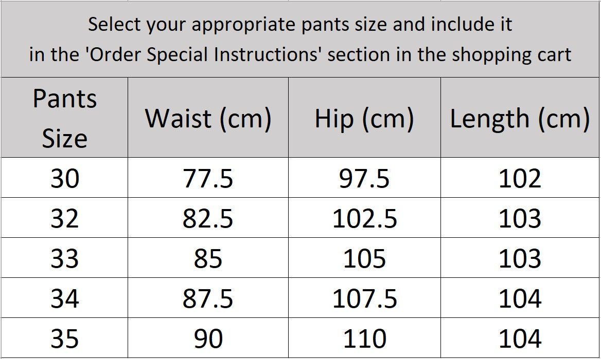 Men’s size chart for pants of the Nobel wool suit in light grey — single-breasted blazer with notch lapels and horn buttons, paired with slim trousers. From Borcelleclothes.