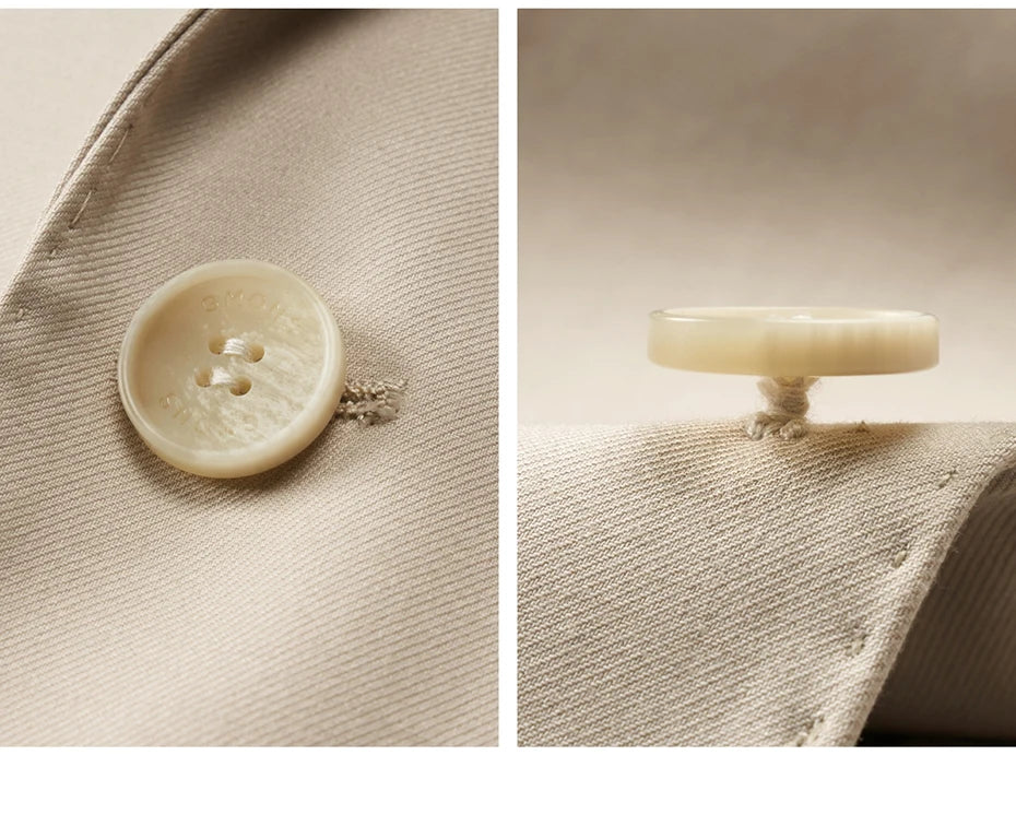 Collage of thread shank horn button and button fastened in handmade buttonhole on the Ash suit. From Borcelleclothes.