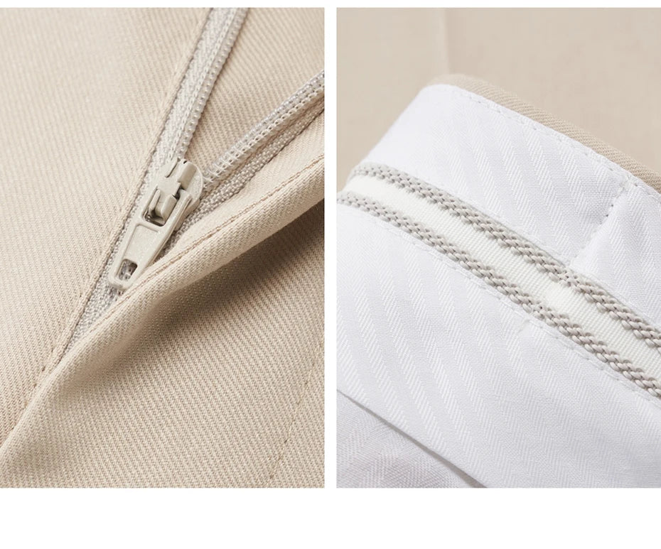 Collage showing the unzipped fly and inside waistband gripper tape of the Ash pants. Borcelleclothes.