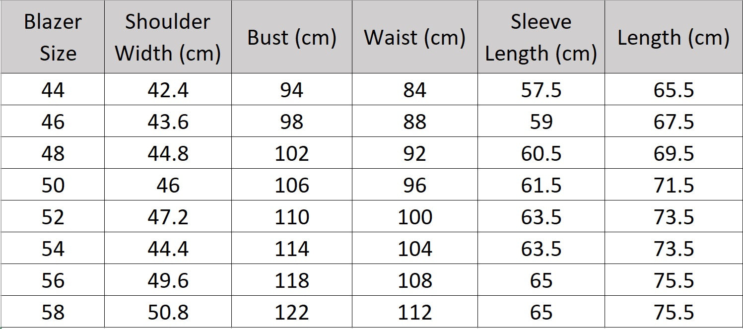 Men’s size chart for a blazer of the notched lapel suit in Ash — featuring a single-breasted blazer with horn buttons, matching straight-leg trousers, and an optional vest, all tailored in a refined viscose blend. From Borcelleclothes.