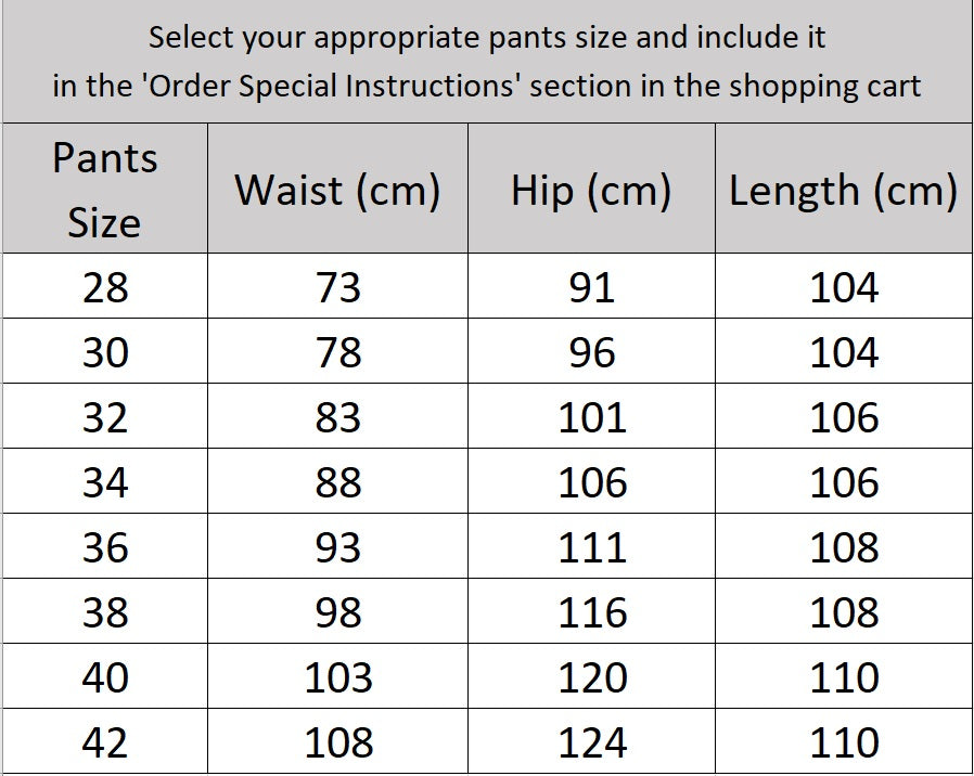 Men’s size chart for pants of the notched lapel suit in Ash — featuring a single-breasted blazer with horn buttons, matching straight-leg pants, and an optional vest, all tailored in a refined viscose blend. From Borcelleclothes.