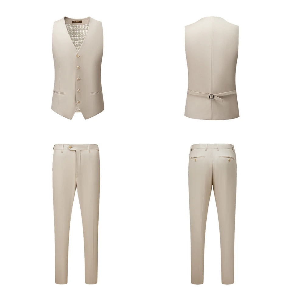 Front and back view of the Ash vest and trousers, showing adjustable back buckle. From Borcelleclothes.