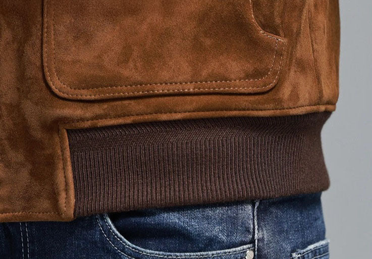 Nutmeg Suede Bomber — hem with rib knit; hip-length finish, clean line in nutmeg suede. From Borcelleclothes.