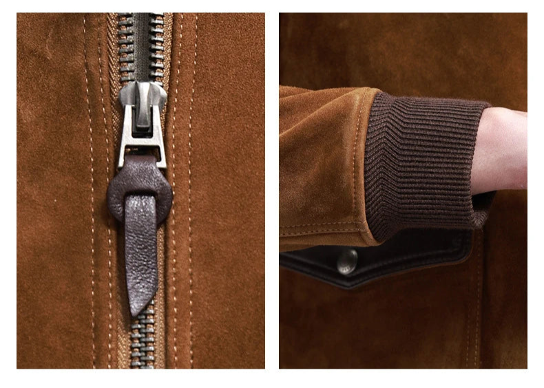 Nutmeg Suede Bomber — zipper pull and cuff detail collage; metal zip with leather pull, rib knit cuff, suede nap texture. From Borcelleclothes.