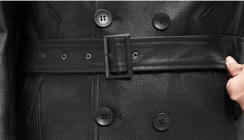 Men’s Onyx cowhide leather trench coat, belt buckle detail — From Borcelleclothes.