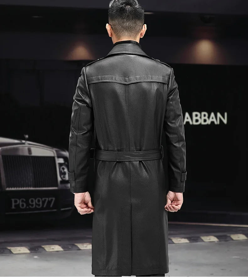 Men’s Onyx cowhide leather trench coat, back view — From Borcelleclothes.