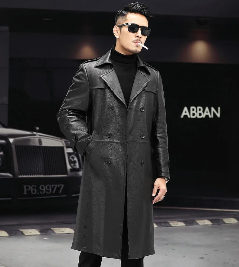 Men’s Onyx cowhide leather trench coat, model with hand in pocket — From Borcelleclothes.