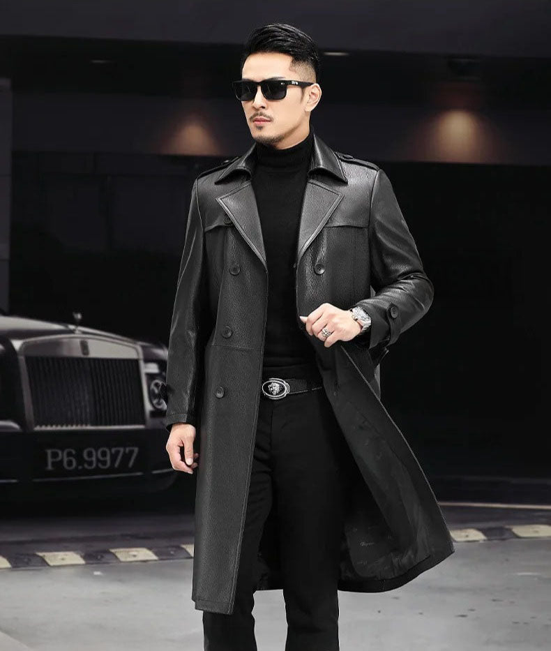 Men’s Onyx cowhide leather trench coat, model in motion — From Borcelleclothes.