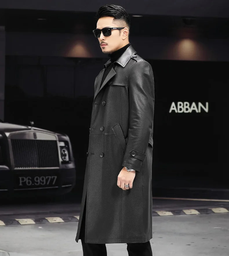 Men’s Onyx cowhide leather trench coat, side view — From Borcelleclothes.