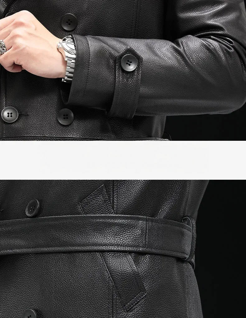 Men’s Onyx cowhide leather trench coat, collage of sleeve cuff and left waist section — From Borcelleclothes.