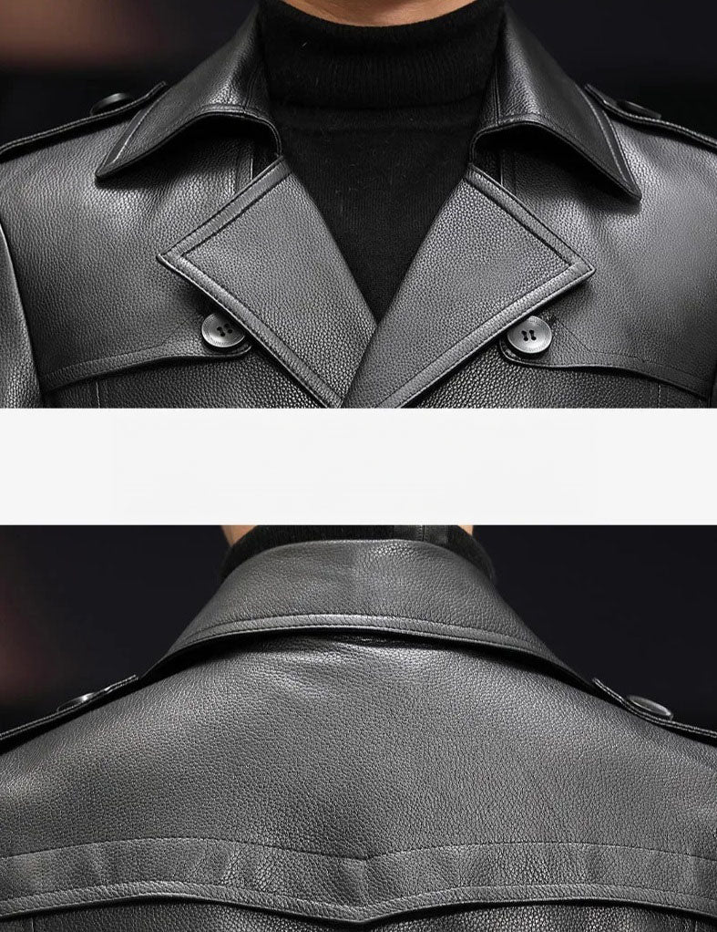 Men’s Onyx cowhide leather trench coat, collage of upper part front and back — From Borcelleclothes.