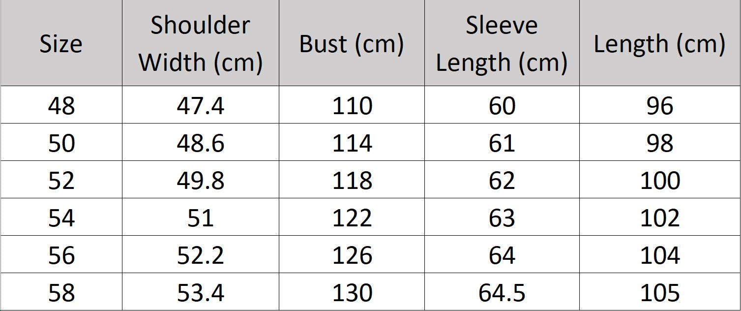 Men’s size chart for an Onyx cowhide leather trench coat with grain texture, double-breasted front, storm flaps, belt, and back vent — From Borcelleclothes.