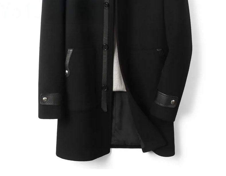 Onyx color men’s coat – lower front part of coat. From Borcelleclothes.