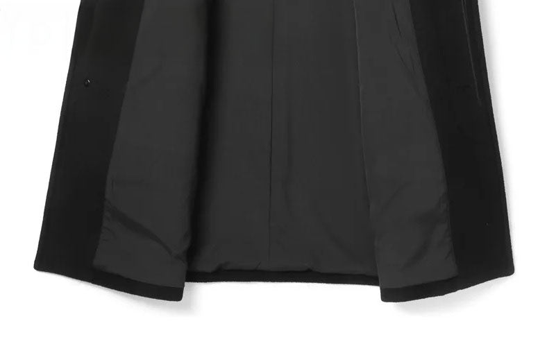 Onyx color men’s coat – lower front part with unfolded sides. From Borcelleclothes.
