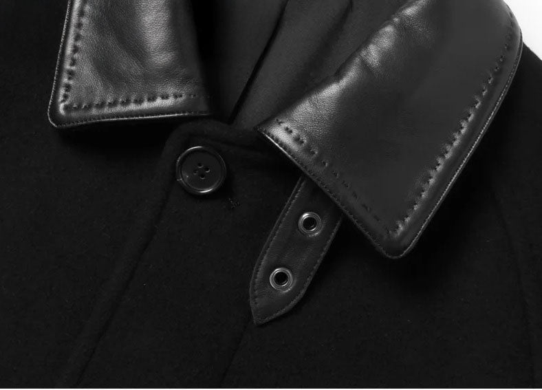 Onyx color men’s coat – close view of leather collar. From Borcelleclothes.