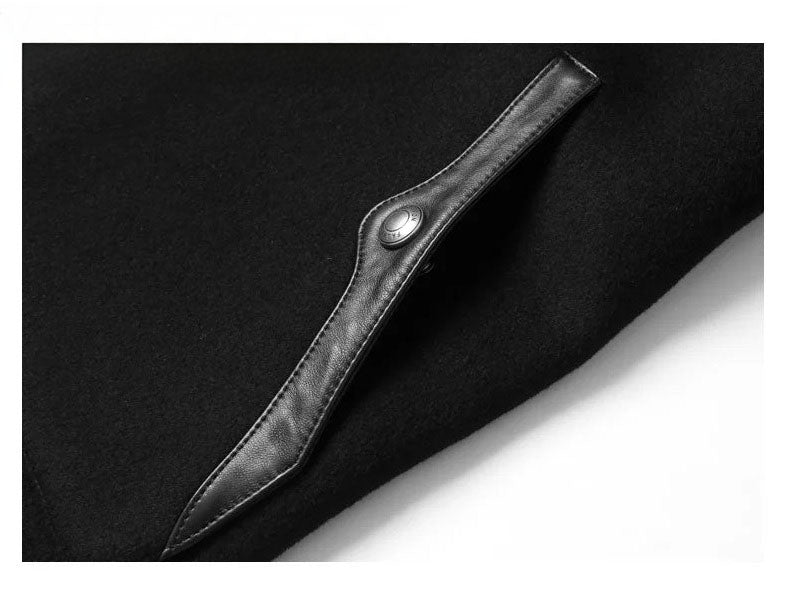 Onyx color men’s coat – leather-trimmed entrance to patch pocket. From Borcelleclothes.