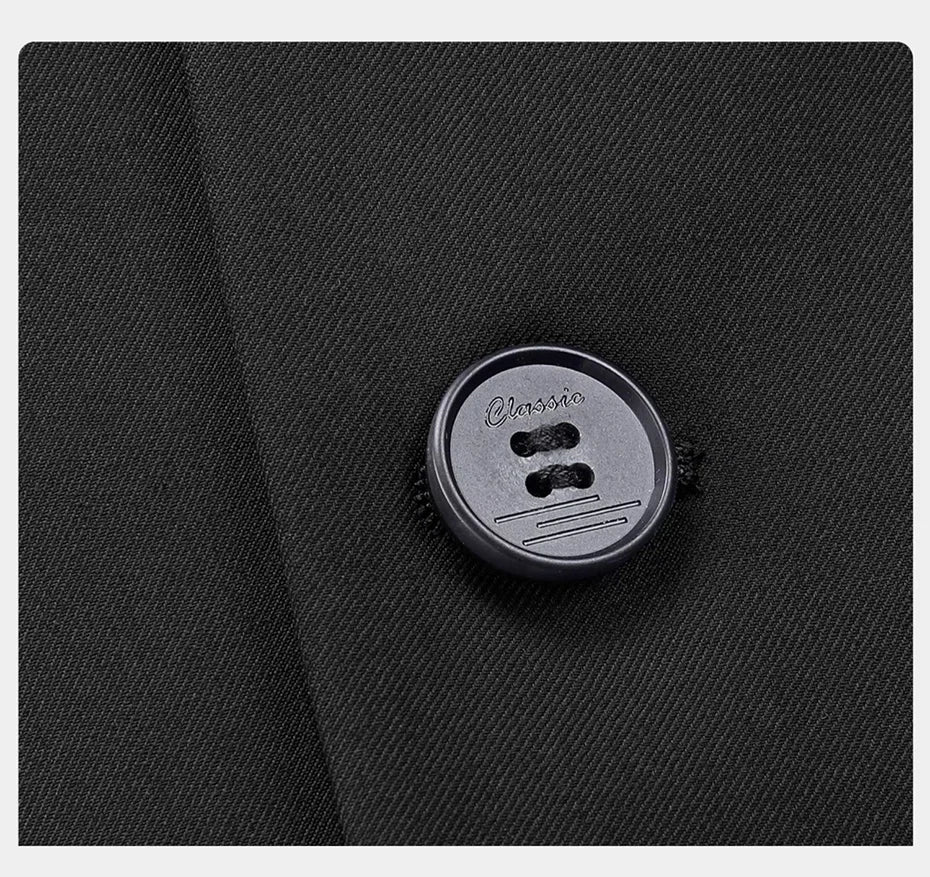 Close-up of the blazer’s front button and surrounding fabric texture in Onyx. From Borcelleclothes.