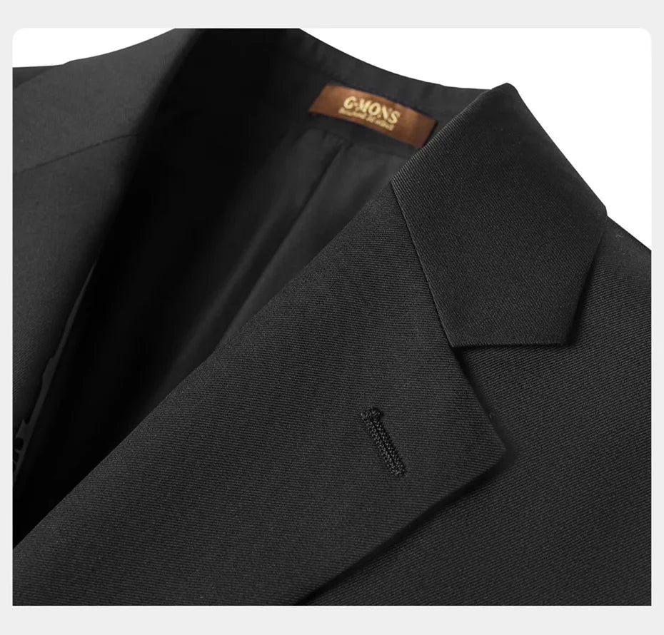 Detailed view of the blazer’s collar and notch lapel with buttonhole, emphasizing clean construction. From Borcelleclothes.