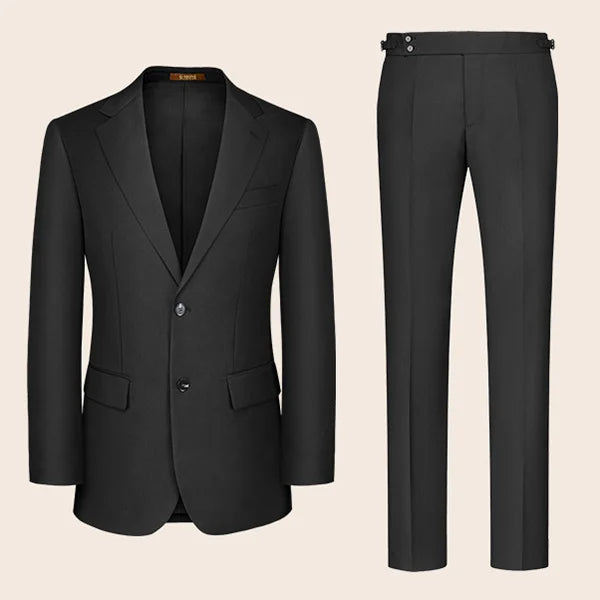 Full front view of the black suit blazer and trousers, highlighting tailored silhouette. From Borcelleclothes.