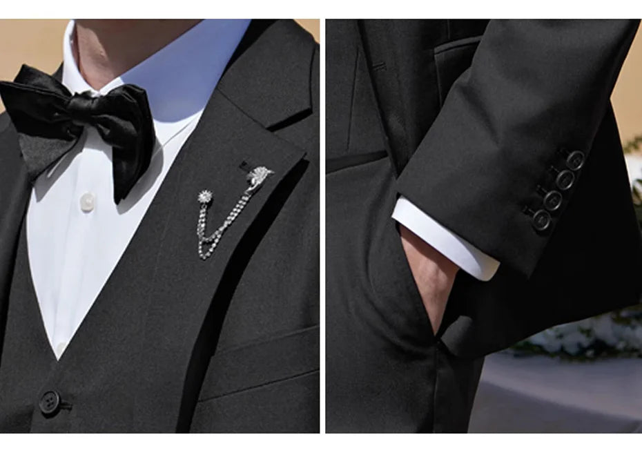 Close-up collage of lapel decoration and model’s hand in trouser pocket, showcasing refined details of the suit. From Borcelleclothes.