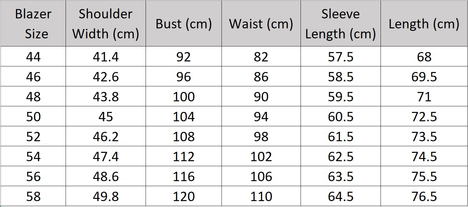 Men’s size chart for a blazer of the Onyx wool-blend suit featuring a single-breasted blazer with notch lapels, a buttonhole detail, and pleated trousers with side adjusters. From Borcelleclothes.
