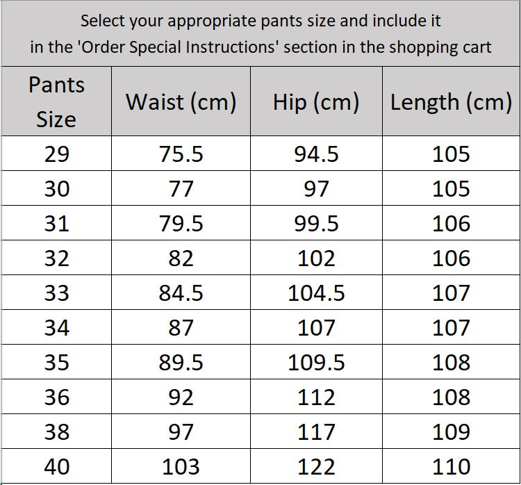 Men’s size chart for pants of the Onyx wool-blend suit featuring a single-breasted blazer with notch lapels, a buttonhole detail, and pleated trousers with side adjusters. From Borcelleclothes.