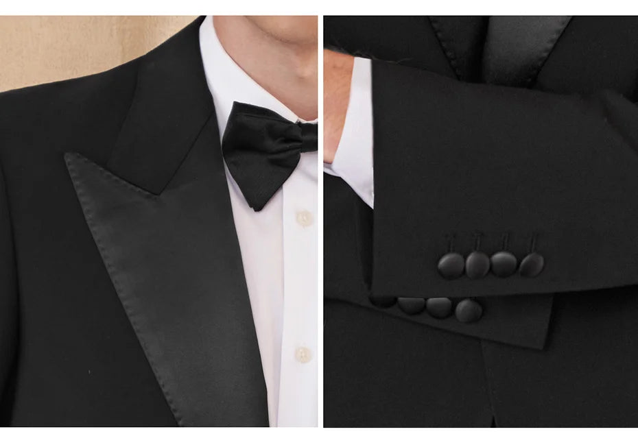 Collage of right lapel and sleeve placket — highlighting satin details and sleeve construction. From Borcelleclothes.