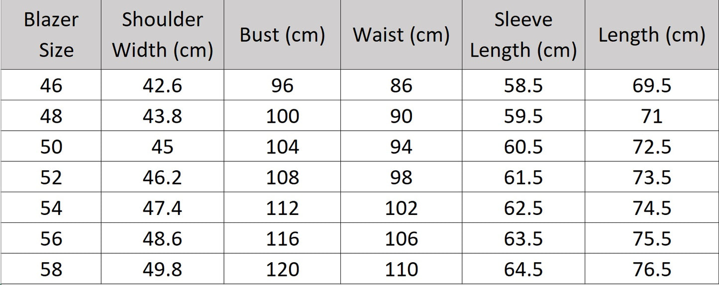 Men’s size chart for a blazer of the tuxedo in Onyx wool with satin lapels, covered button, and tailored silhouette — a refined evening ensemble crafted for presence and poise. From Borcelleclothes.