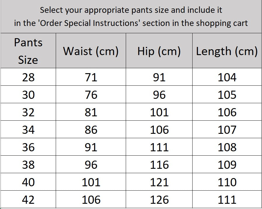 Men’s size chart for pants of the tuxedo in Onyx wool with satin lapels, covered button, and tailored silhouette — a refined evening ensemble crafted for presence and poise. From Borcelleclothes.