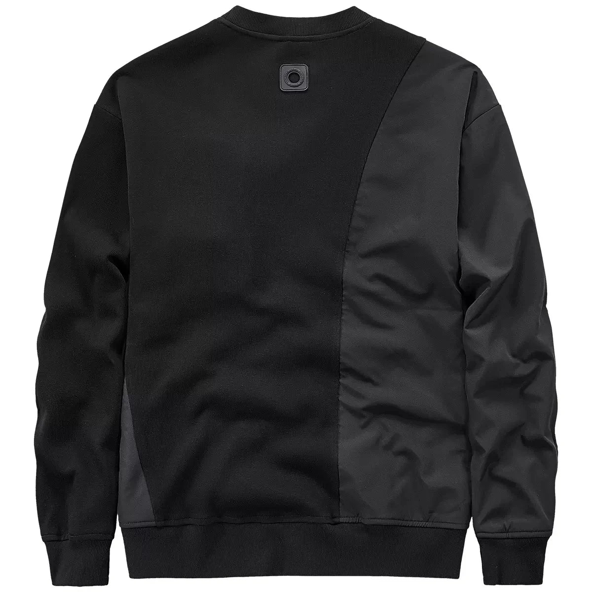 Back view of the Onyx men's patchwork sweatshirt with URBAN EXPLORER plaque. From Borcelleclothes.