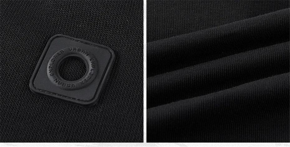 Collage showing back plaque and folded texture on the Onyx men's patchwork sweatshirt. From Borcelleclothes.